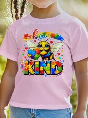 Autism Awareness T-shirt Youth Children Pink Short Sleeve Be Kind Bee Puzzle